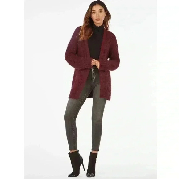 JustFab Fuzzy Burgundy Wine Open Cardigan - Picture 4 of 10